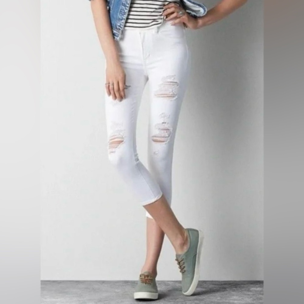 American Eagle Hi-Rise Distressed Cropped Skinny White Cropped Denim Jeans - Picture 7 of 16